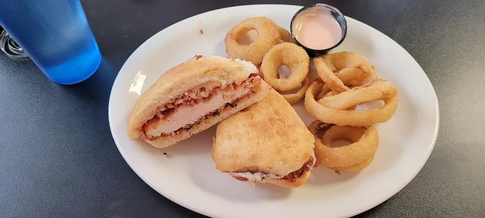 Chicken Parmigiana Sandwich with Onion Rings
